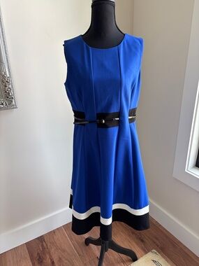 Calvin Klein Cobalt Blue Sleeveless Fit-and-Flare Dress with Black & White Hem